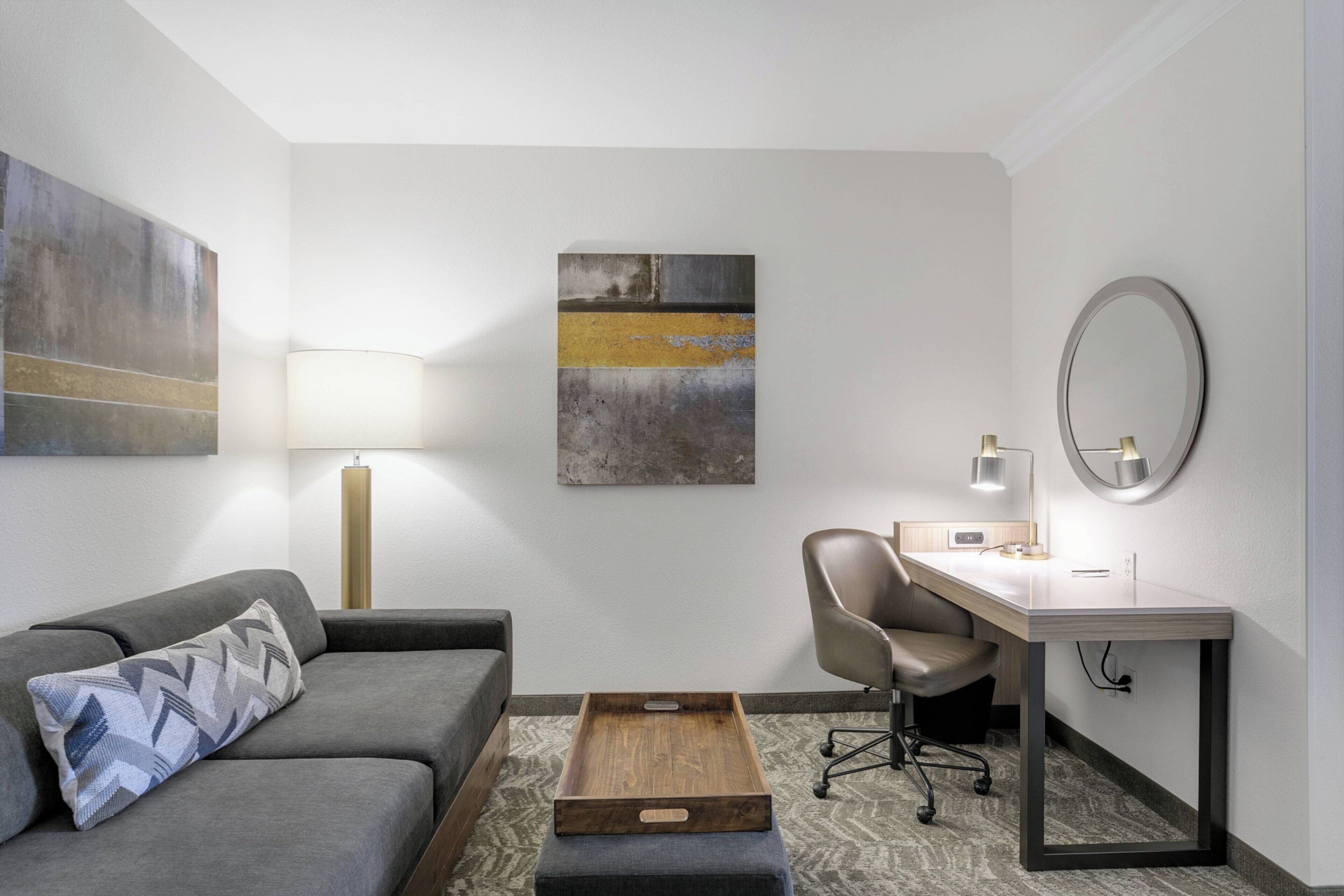 hypo-allergenic bedding, pillow-top beds, desk, laptop workspace