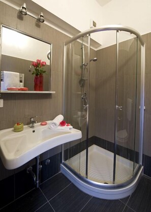 Shower, free toiletries, hair dryer, towels