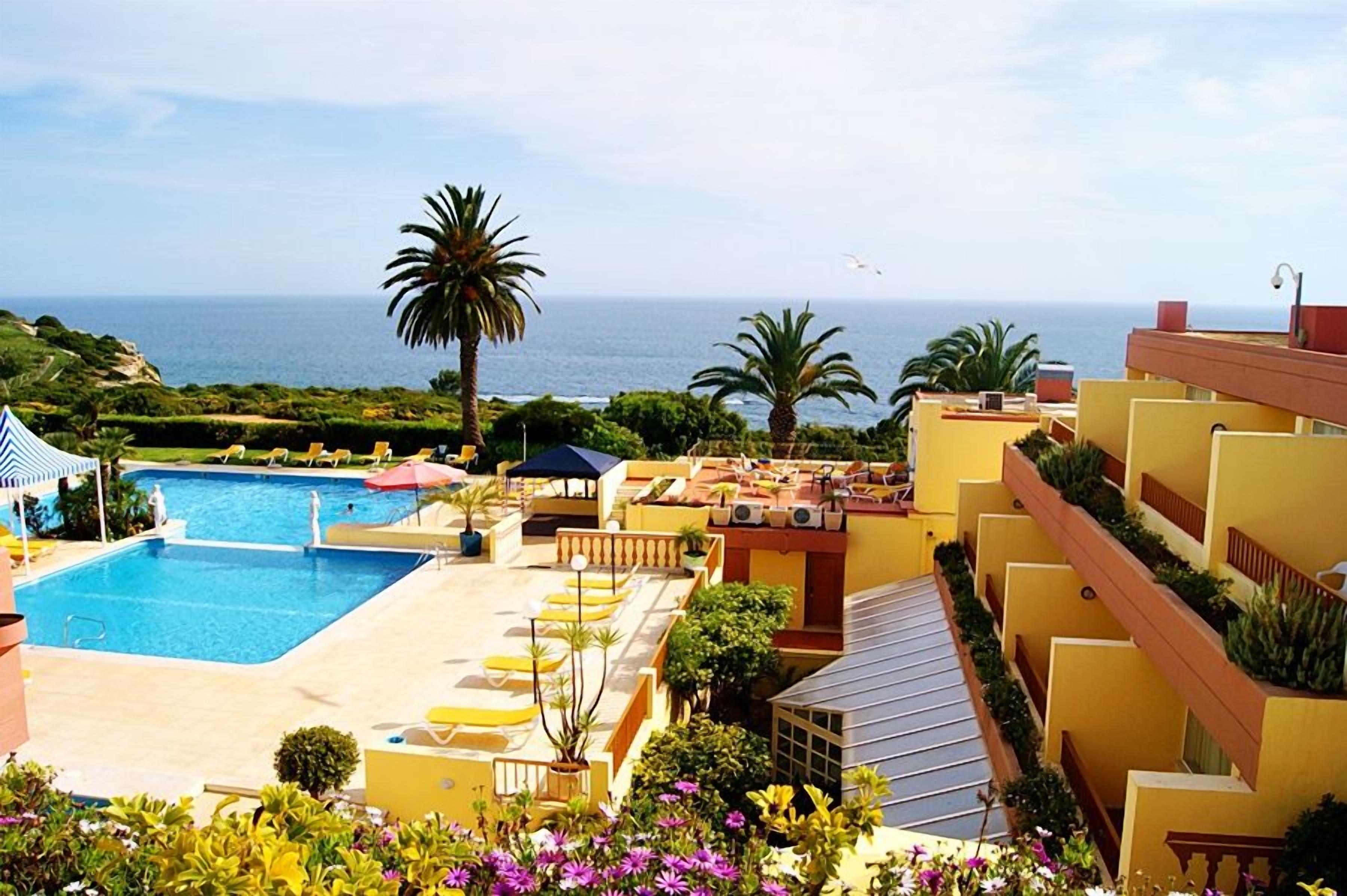 Un hôtel doté d’une piscine, de palmiers et offrant une vue sur la mer.