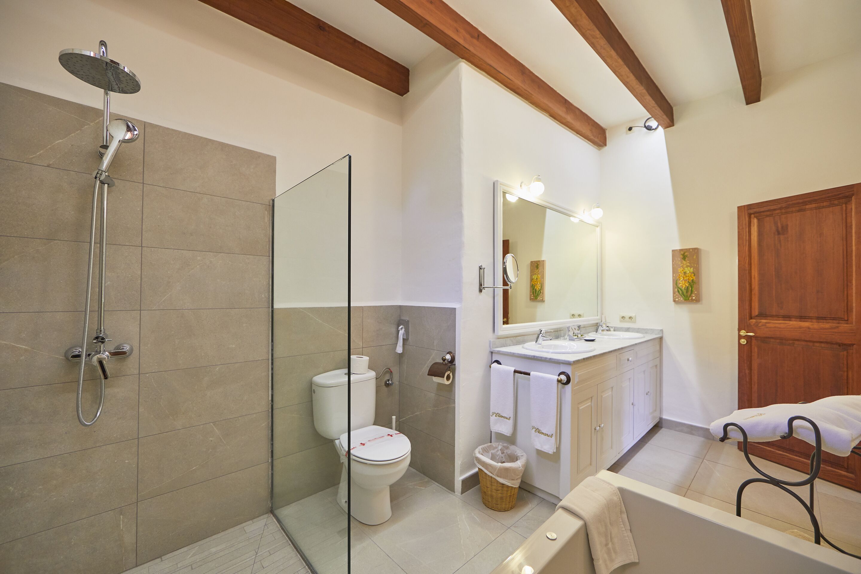 hair dryer, bathrobes, towels, soap