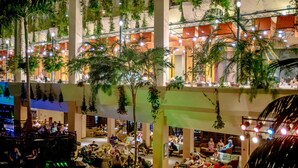 A multi-level indoor space with hanging plants and string lights, featuring seating areas and a bar/lounge area. - Hotel Beatriz Costa & Spa (Teguise)