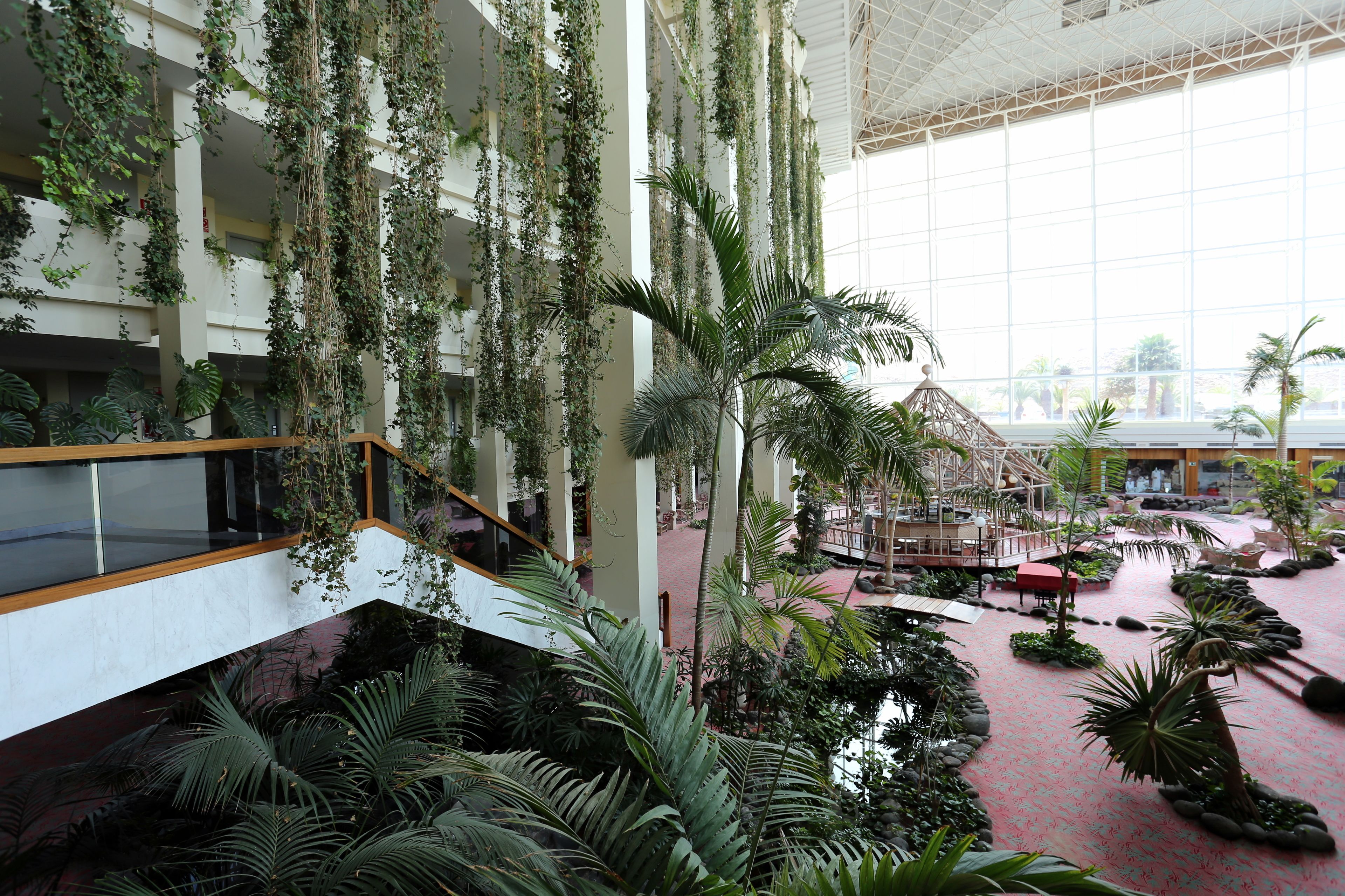 A spacious atrium with hanging plants, a central water feature, and a seating area.