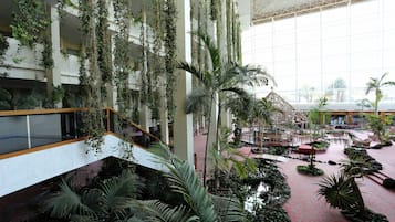 A spacious atrium with hanging plants, a central water feature, and a seating area.