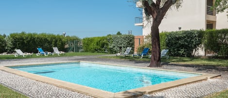 Seasonal outdoor pool, sun loungers