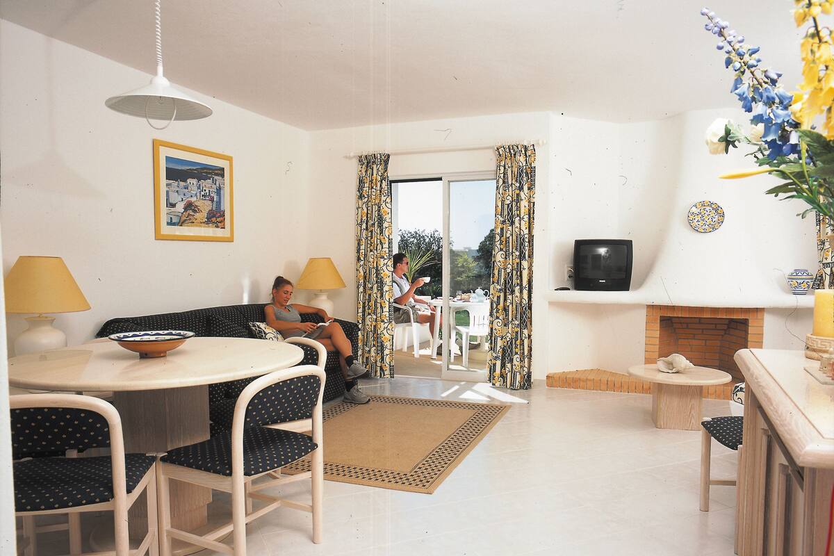 A living room with a sofa, dining table, chairs, a TV, and a fireplace.