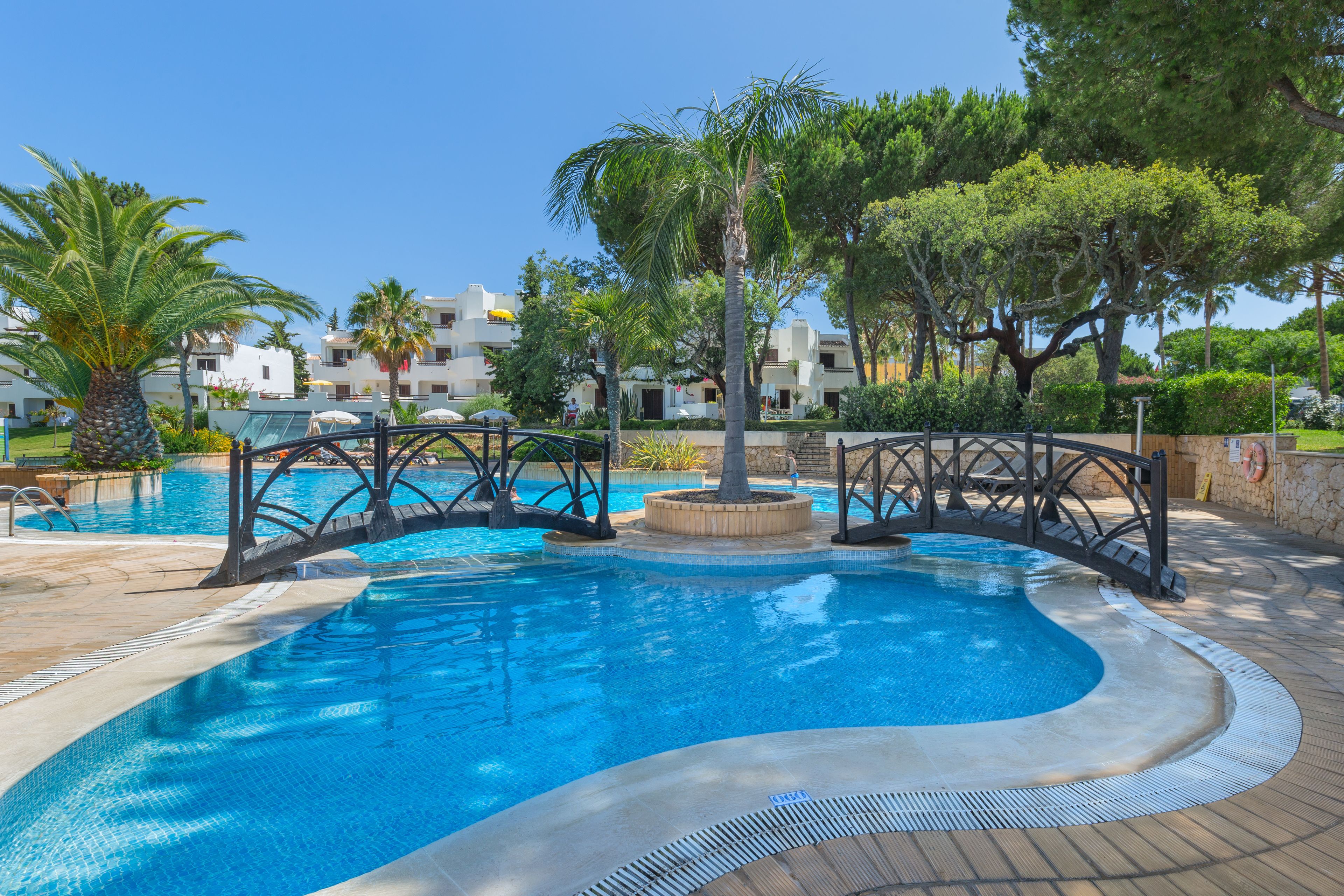 Una piscina con un puente, rodeada de palmeras y un edificio al fondo.