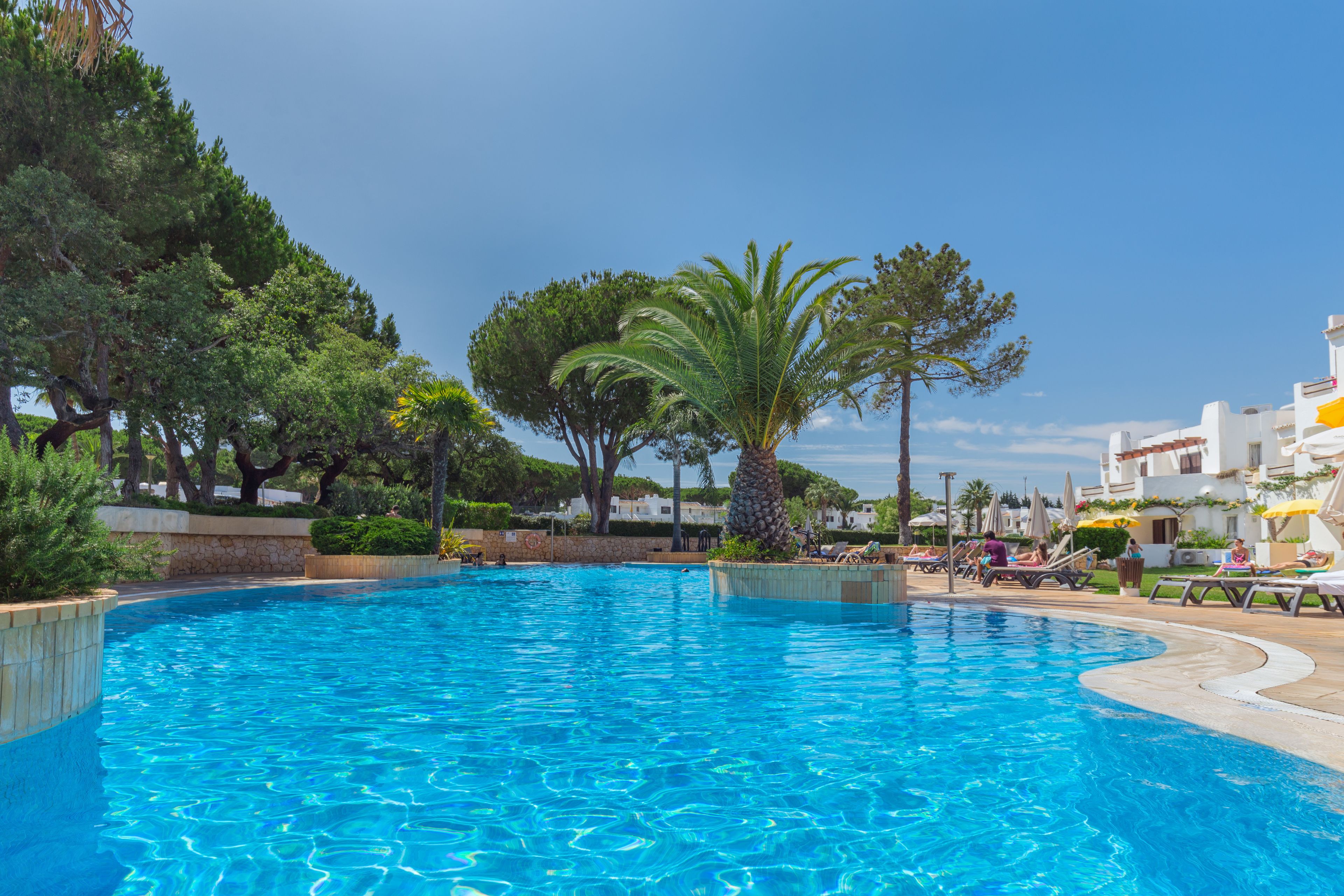 A clear blue swimming pool surrounded by trees and a white building with balconies.