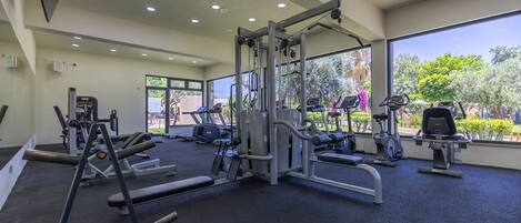 Un gimnasio con diversos equipos de ejercicio, ventanas amplias y vistas a zonas verdes al exterior.