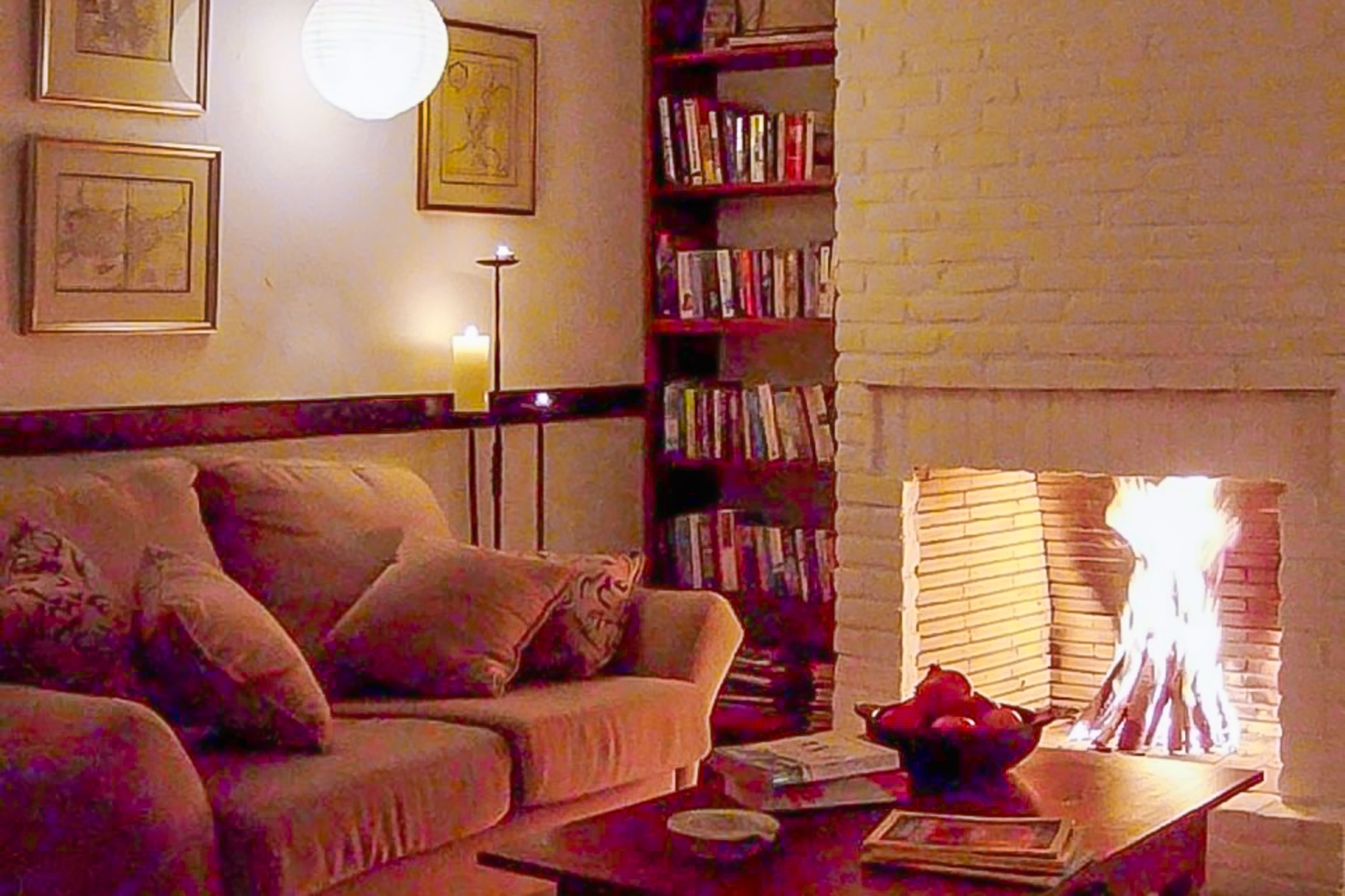 A cozy living room with a sofa, a bookshelf, and a fireplace.