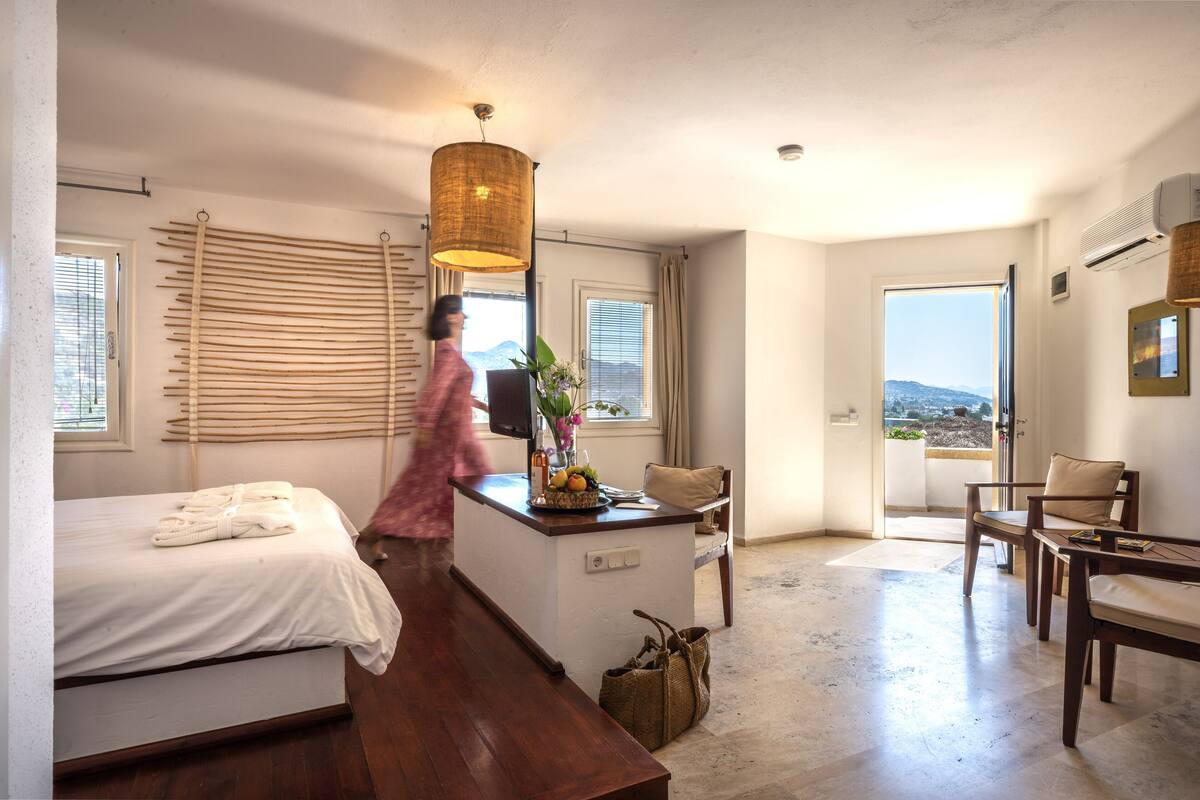 Quarto de hotel com cama, uma pequena escrivaninha com uma planta, uma cadeira e vista para o exterior.