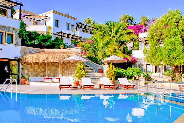 Una piscina al aire libre, sombrillas, sillones reclinables de piscina