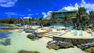 Enjoy a beachfront stay with access to a sandy beach, lounge chairs, and a small pool surrounded by palm trees.