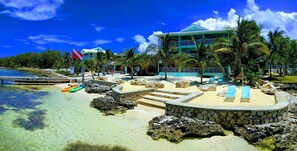 Private beach, sun loungers, beach umbrellas, scuba diving
