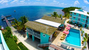 A resort with a pool, a thatched-roof building, and a view of the ocean. - Compass Point Dive Resort (East End)