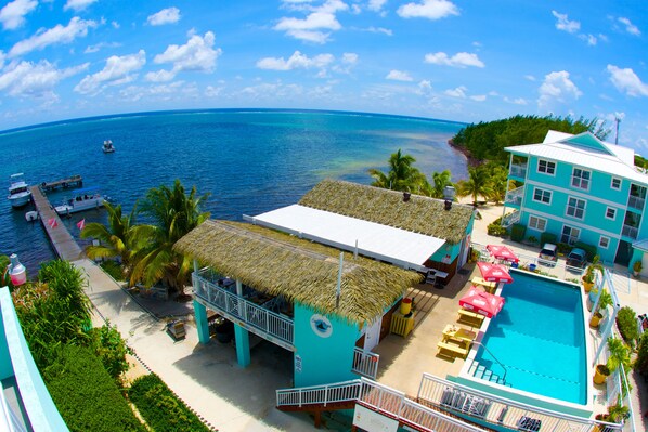 A resort with a pool, a thatched-roof building, and a view of the ocean. - Compass Point Dive Resort (East End)