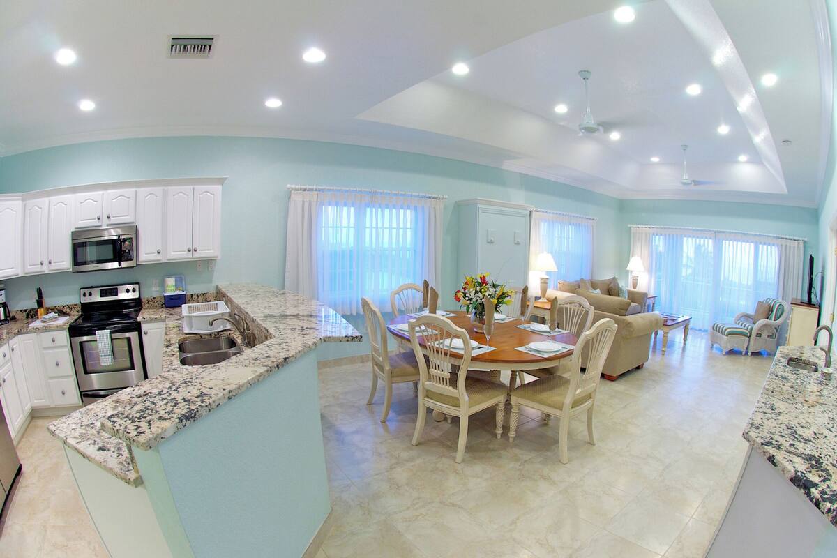 A spacious kitchen with modern appliances, a dining area with a wooden table and chairs, and a living room with a sofa and a TV.
