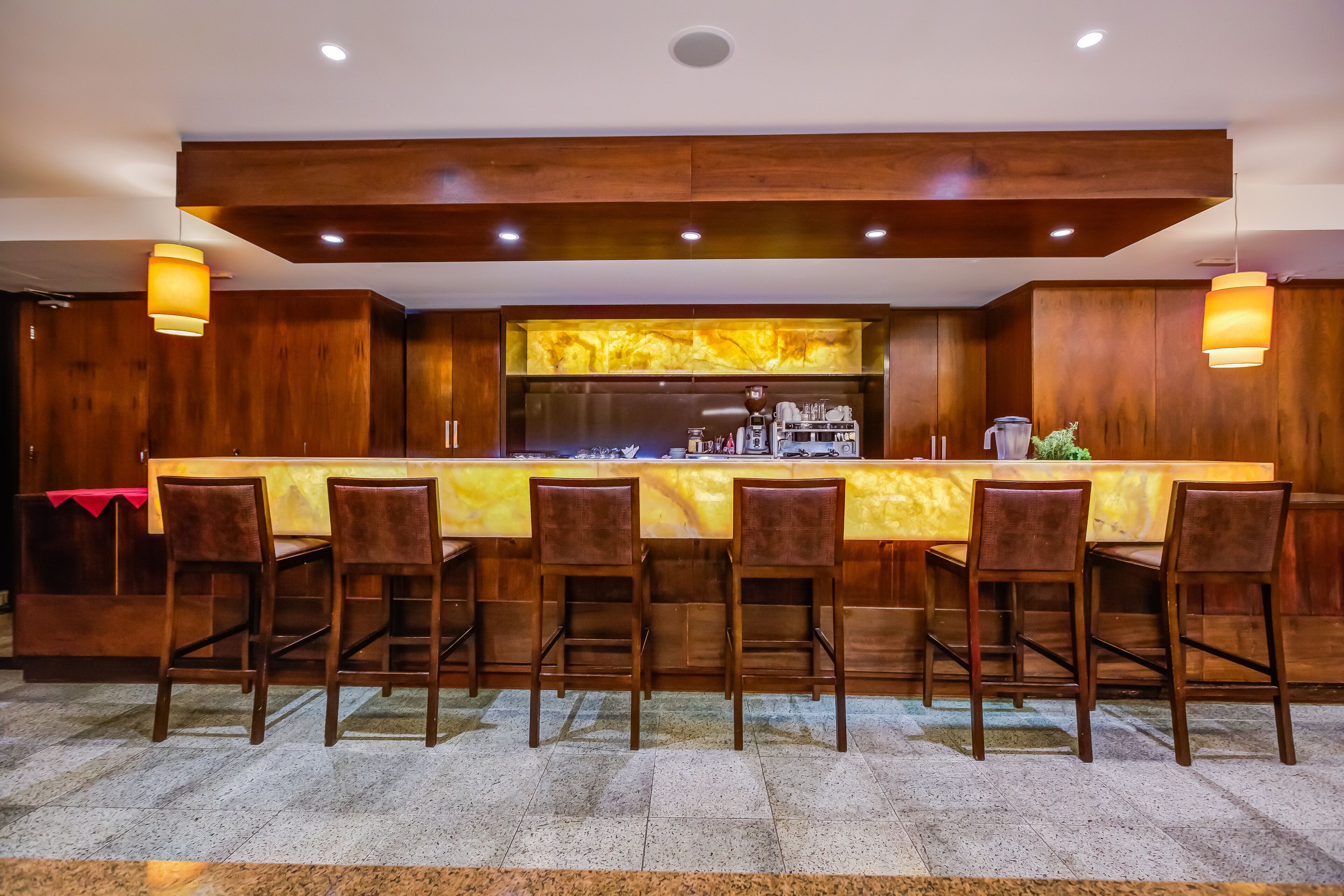 Una zona de bar con una barra alargada y varios taburetes, paneles de madera en las paredes e iluminación empotrada.
