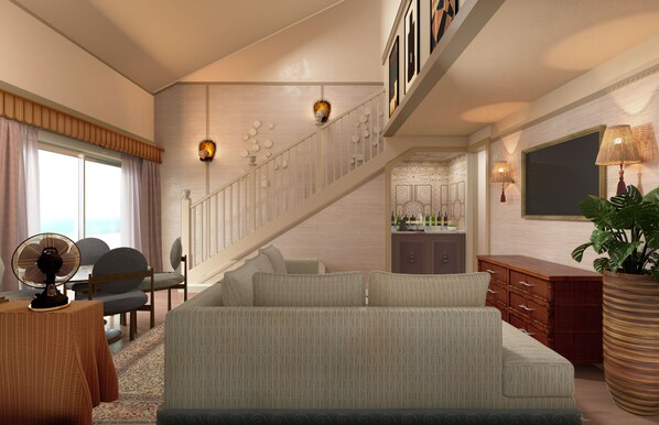 Suite Deluxe, 1 cama King size y sofá cama, balcón (Harbor Loft Suite - Water View) | Sábanas de algodón egipcio, ropa de cama hipoalergénica y edredón 