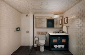 Designer toiletries, hair dryer, bathrobes, towels