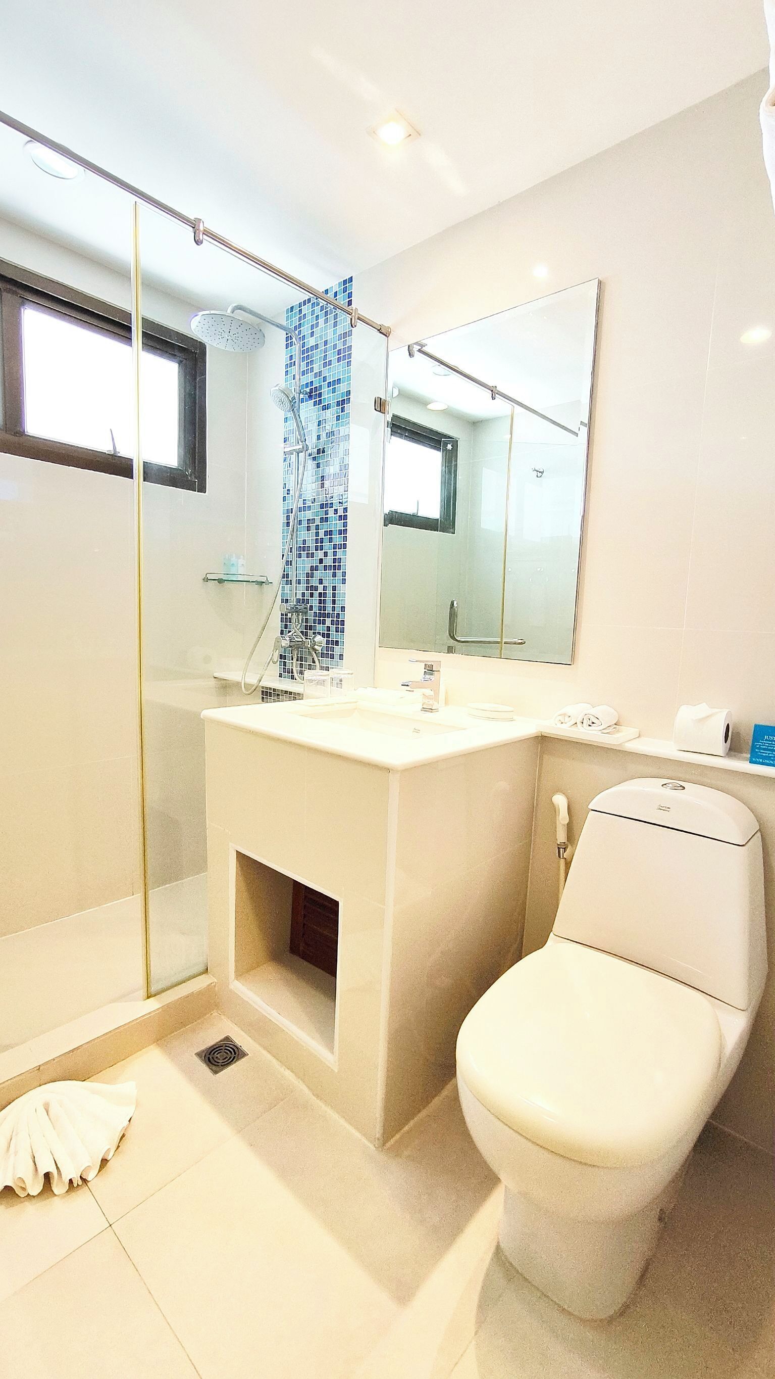 A modern bathroom with a glass-enclosed shower, a large mirror, and a toilet.