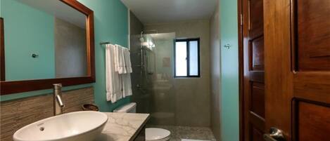 A bathroom with a large sink, toilet, and shower.