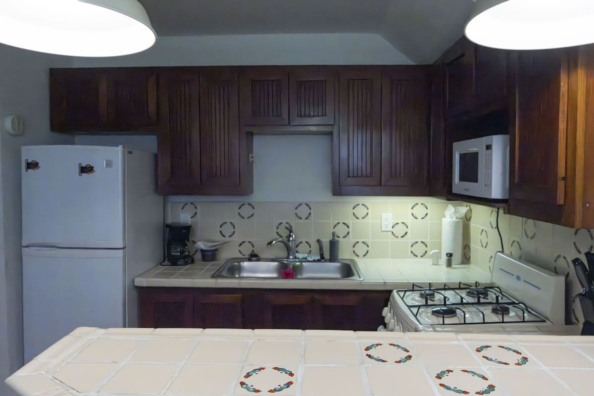 Une cuisine avec des meubles de rangement en bois, un réfrigérateur, un four à micro-ondes, un évier et une cuisinière.