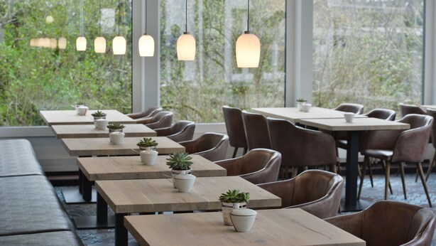 A restaurant with wooden tables and chairs, potted plants, and hanging pendant lights. - Hotel UHU Garni Köln (Cologne)
