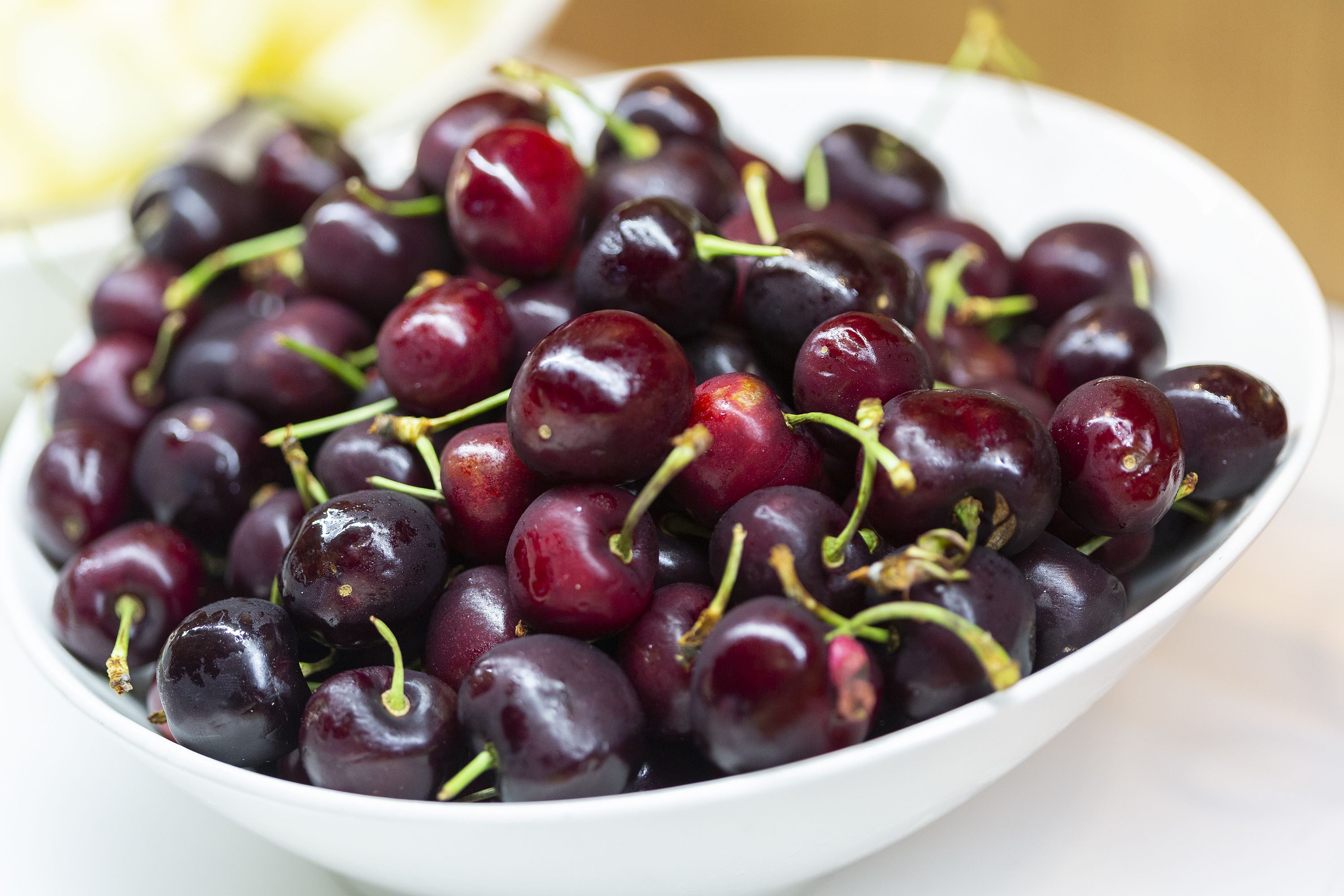 Un tazón de cerezas rojas oscuras con tallos.
