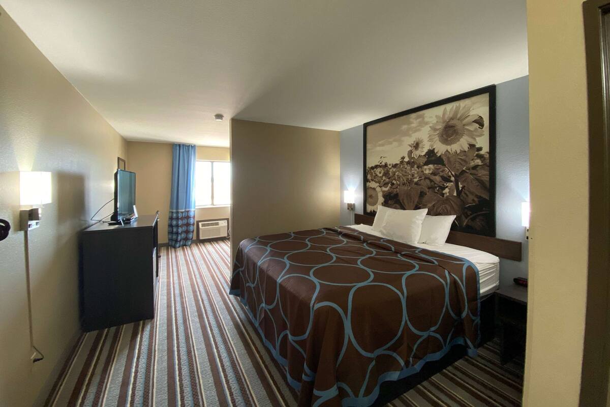 A hotel room with a large bed, a desk, a TV, and a painting of sunflowers on the wall.