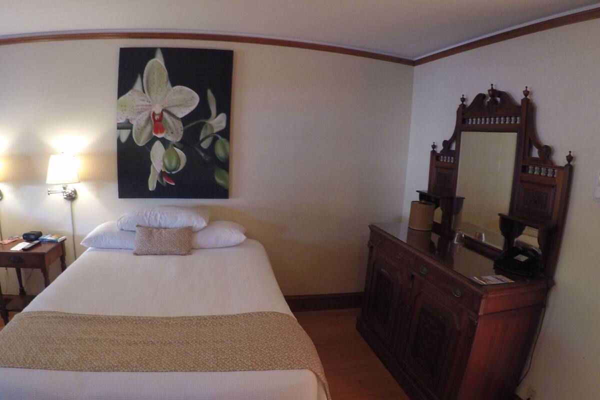 Une chambre d’hôtel avec un lit, une commode, un miroir, un tableau représentant des fleurs et une lampe.
