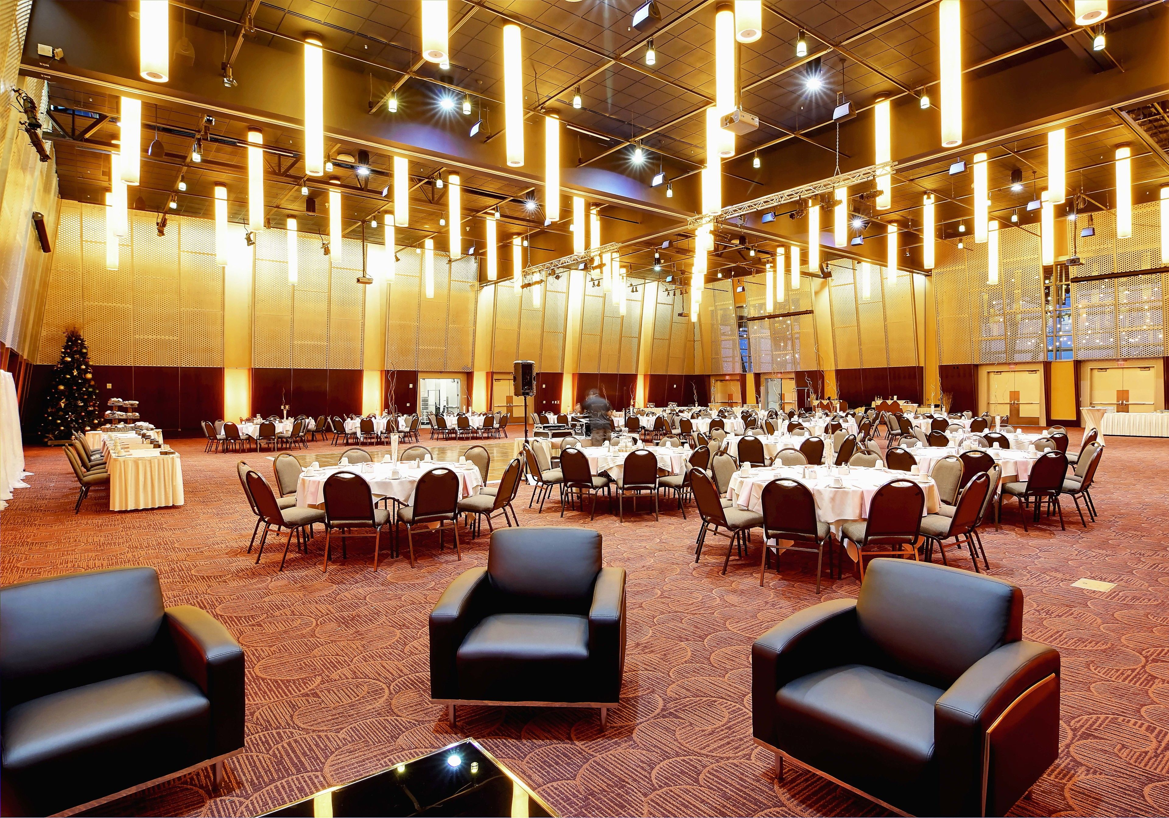 A large banquet hall with round tables and chairs, high ceiling with hanging lights, and a Christmas tree.