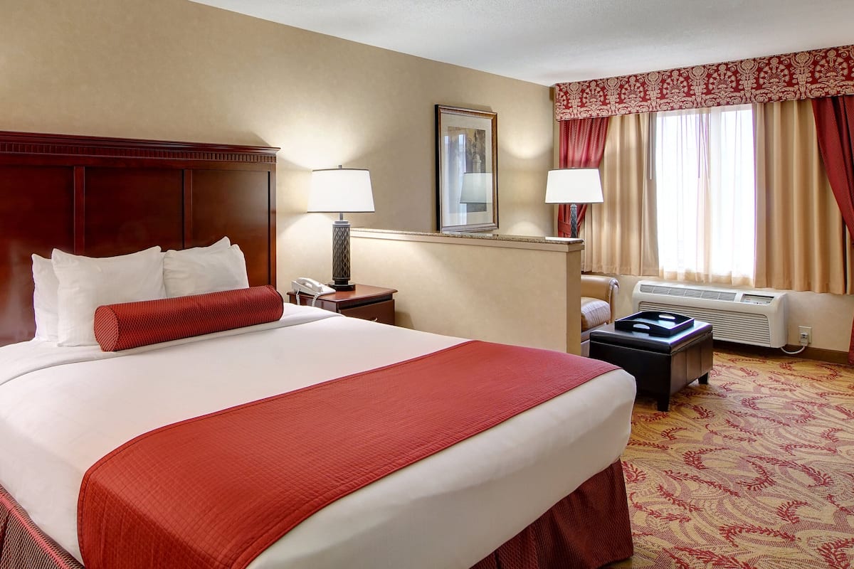 Une chambre d’hôtel avec un grand lit, deux tables de chevet, une commode, un miroir, une fenêtre avec des rideaux et un appareil de climatisation.