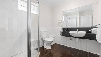 A modern bathroom with a glass shower enclosure, a white toilet, a black marble countertop with a sink, and a large mirror.