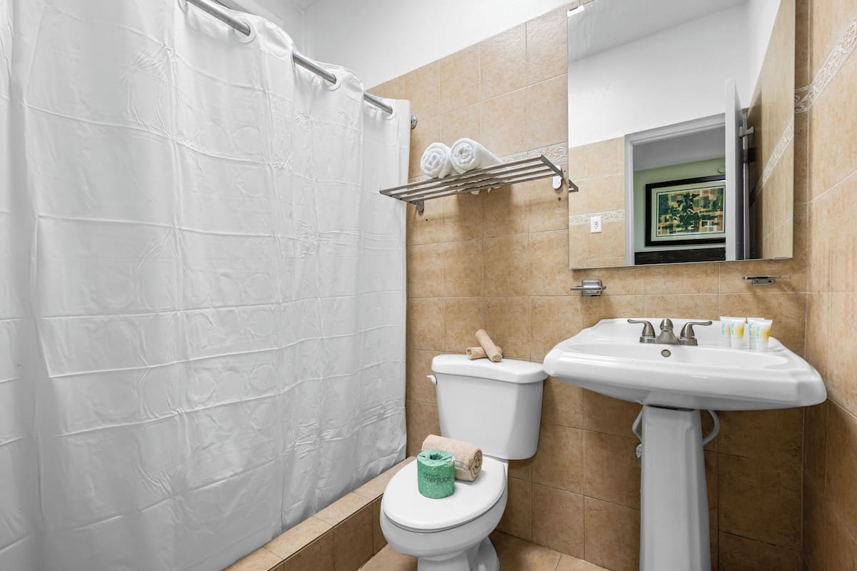 double room | bathroom | shower, hair dryer, towels