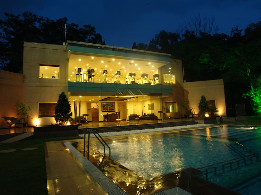 Outdoor pool, pool umbrellas, pool loungers