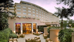 A hotel courtyard with outdoor seating, a large building with multiple windows, and lush greenery.