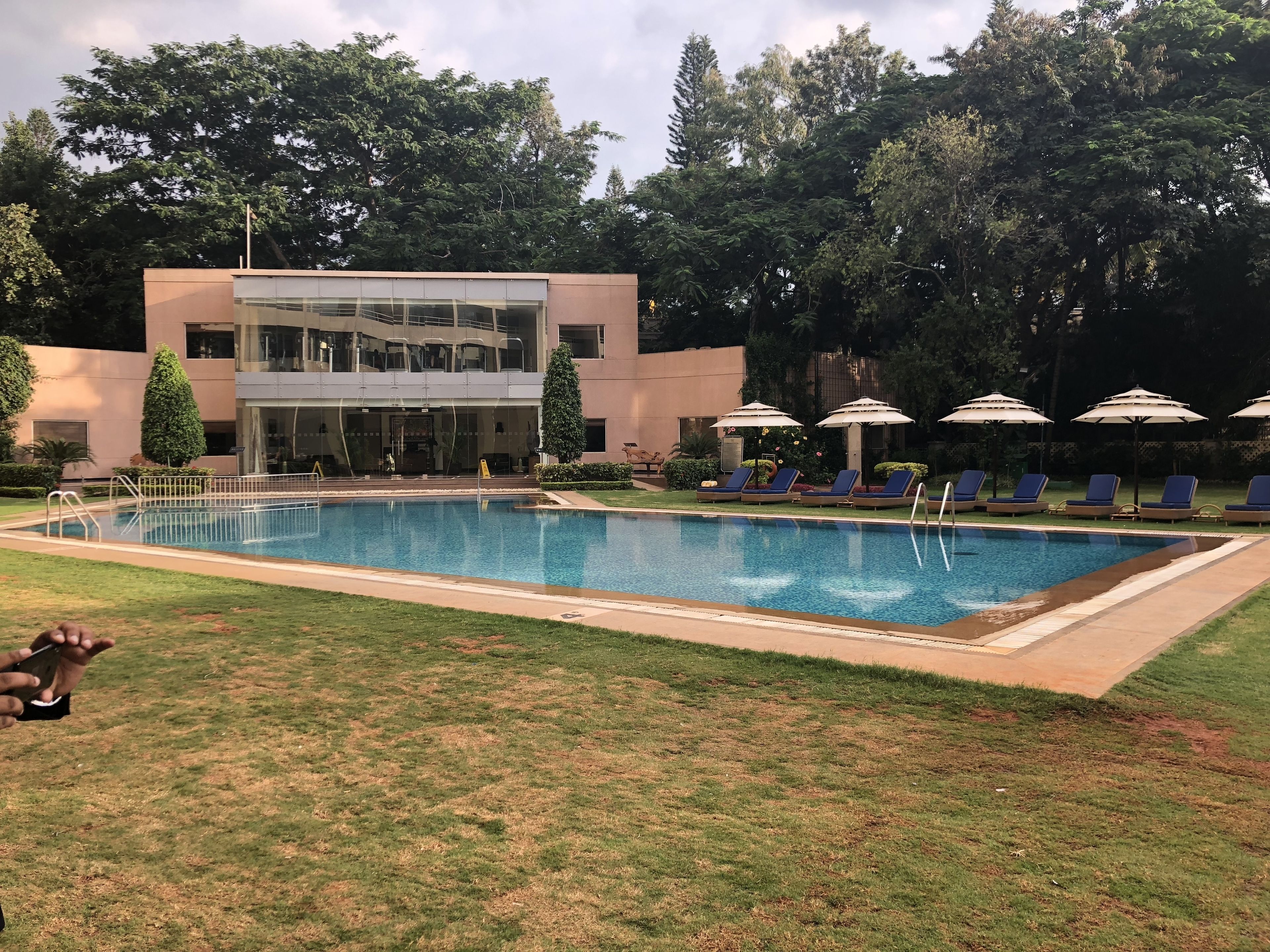 A swimming pool with lounge chairs and umbrellas, surrounded by greenery and a building with large windows.