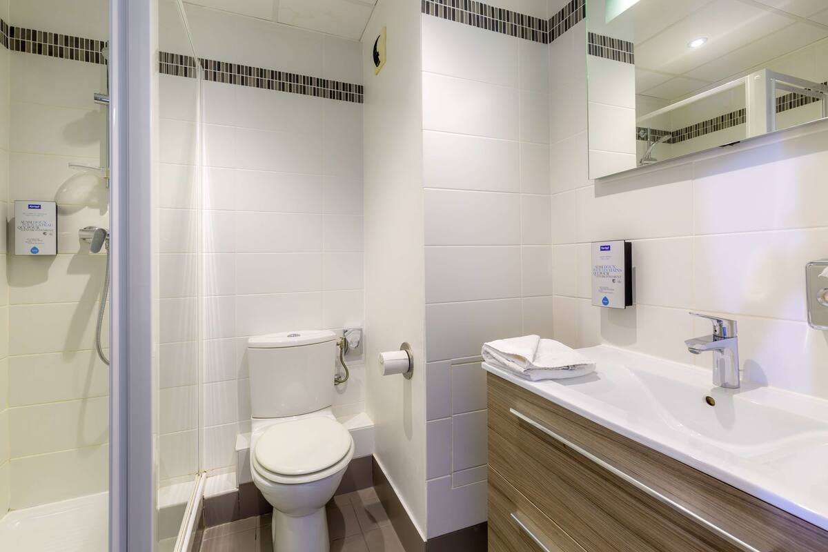 standard room, 1 double bed | bathroom | combined shower/bathtub, eco-friendly toiletries, hair dryer, towels
