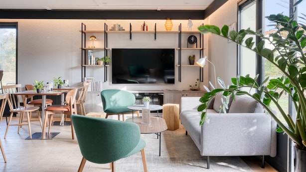 A modern living room with a flat-screen TV, wooden furniture, and potted plants.