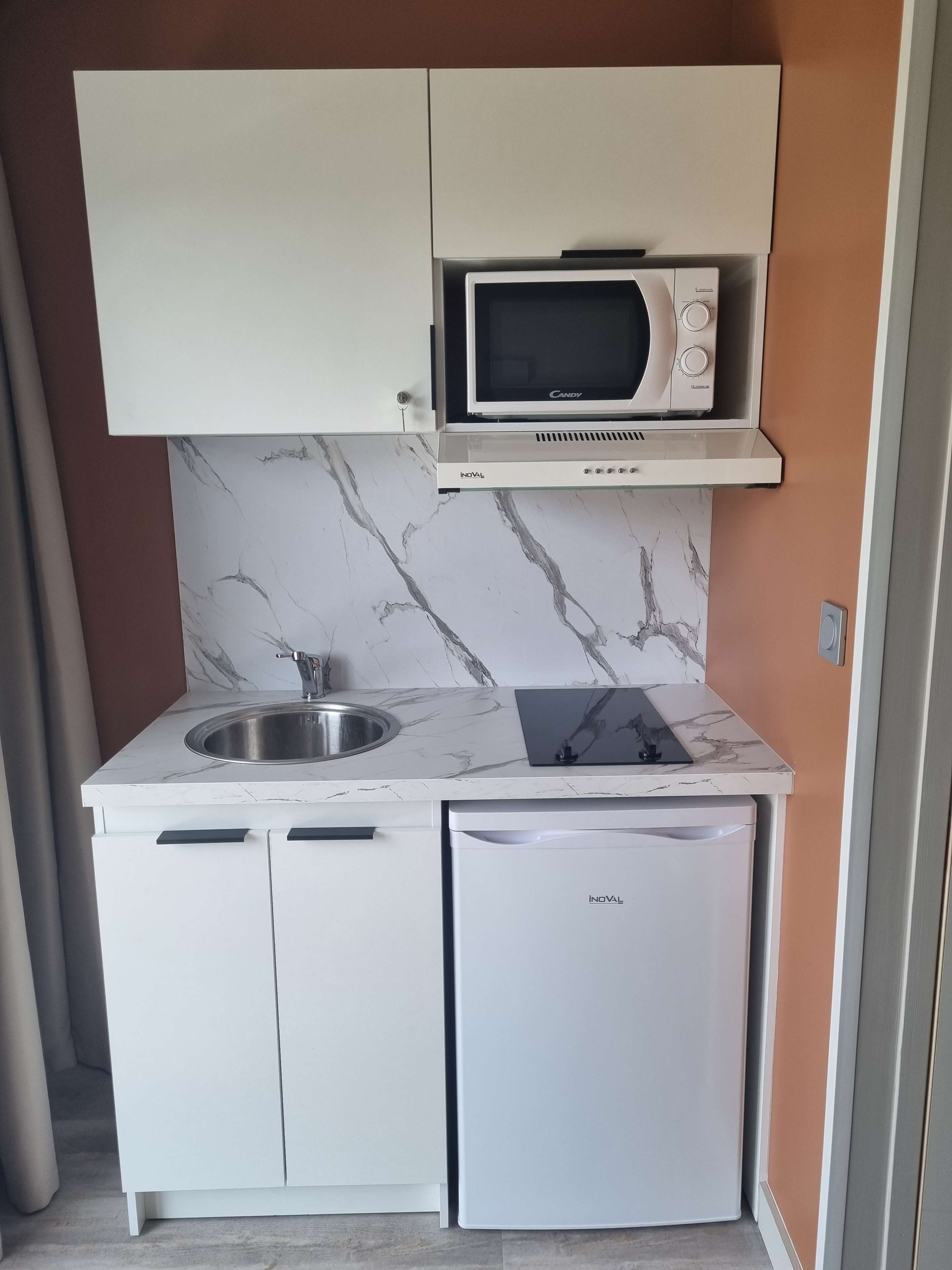 A compact kitchen with a built-in microwave, a sink, and a dishwasher.