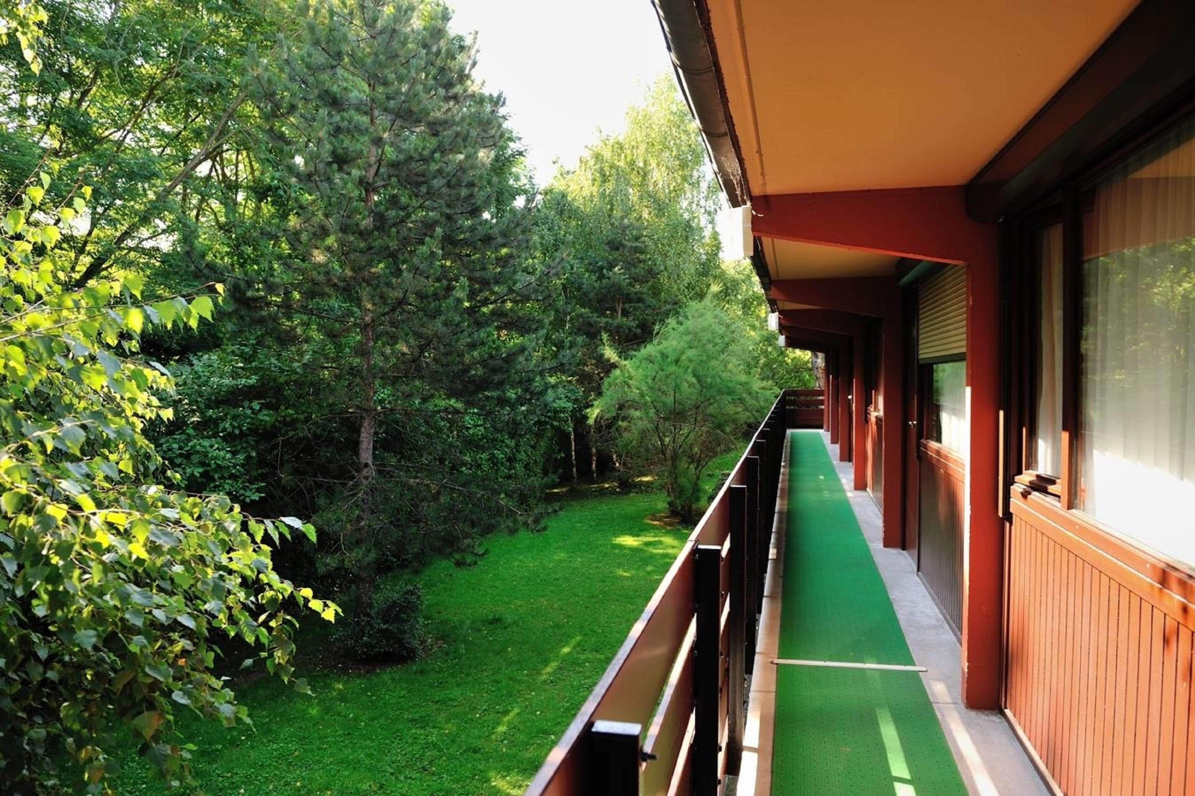 A balcony with a green carpet, surrounded by trees and a wooden building.