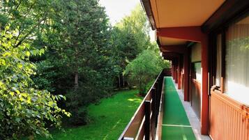A balcony with a green carpet, surrounded by trees and a wooden building.