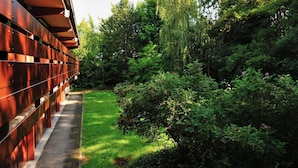 Un sendero serpentea por un exuberante jardín, con follaje denso y una estructura de madera a la izquierda.