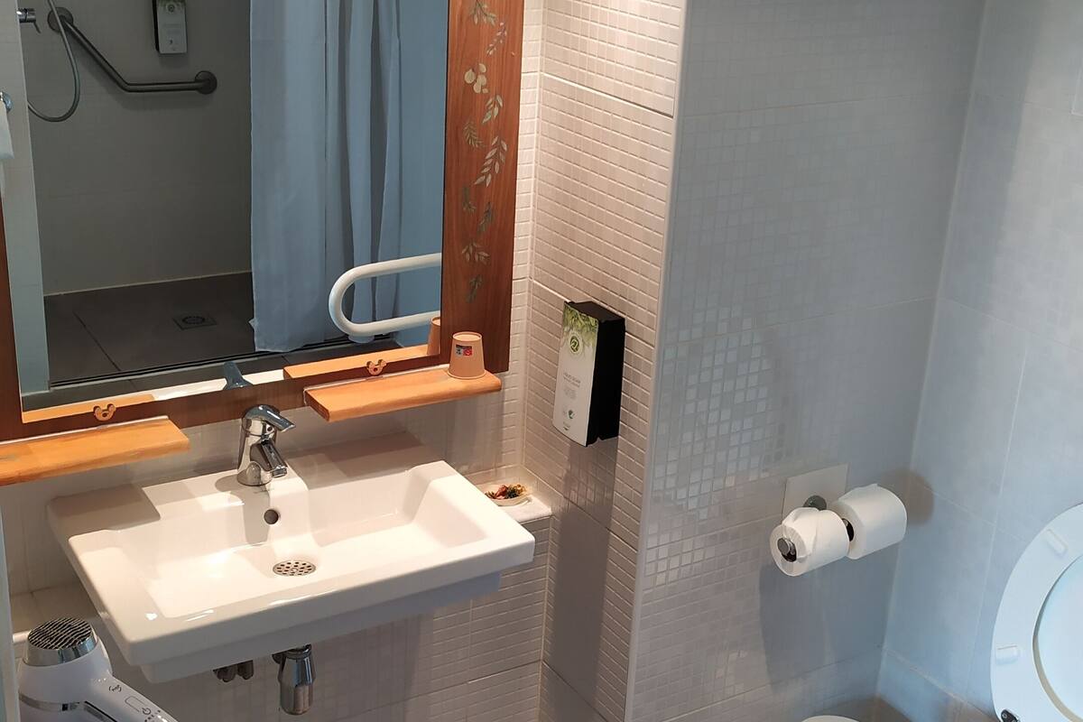 eco-friendly toiletries, hair dryer, towels