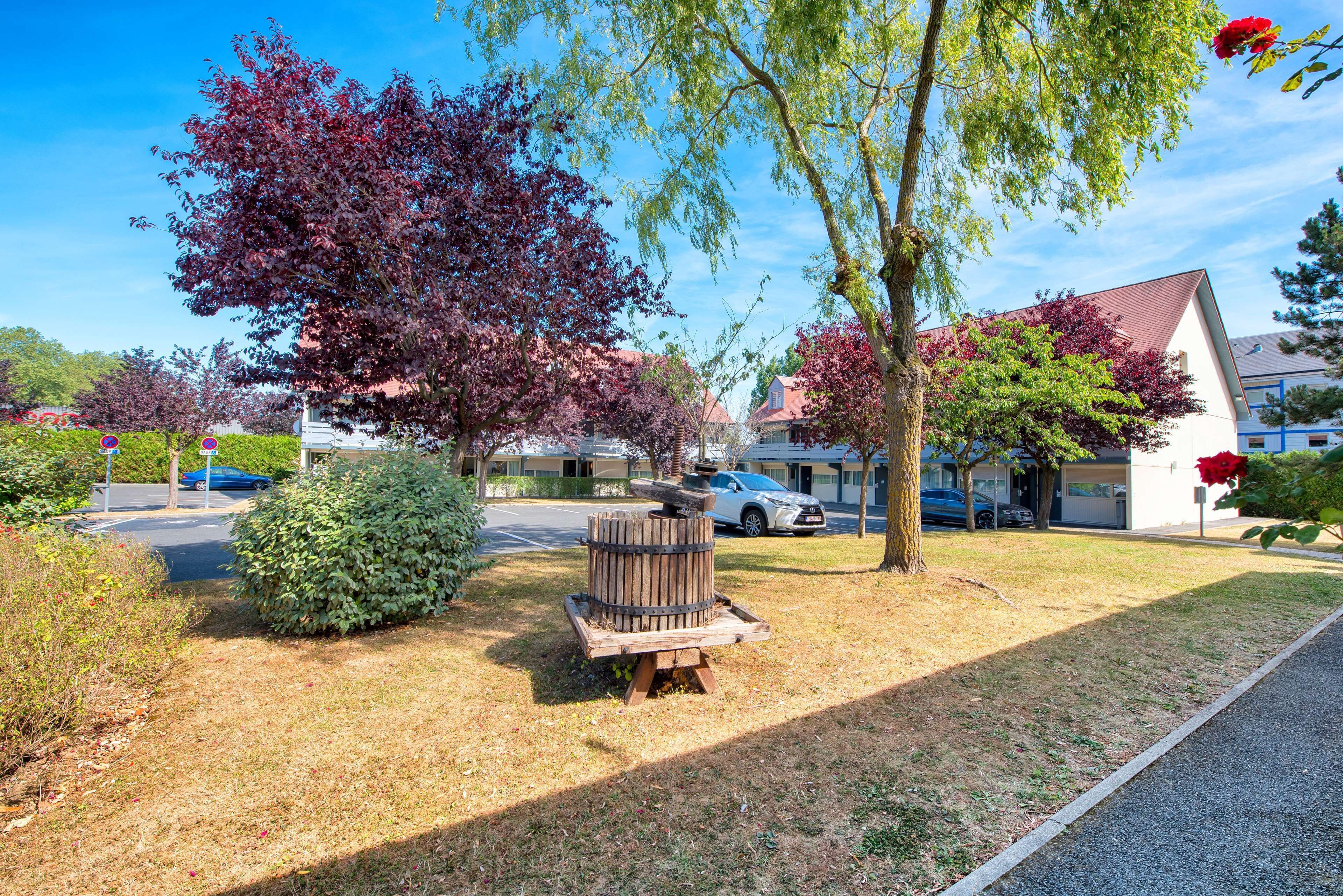 A residential area with a wooden barrel, a small bush, and a tree with red leaves.