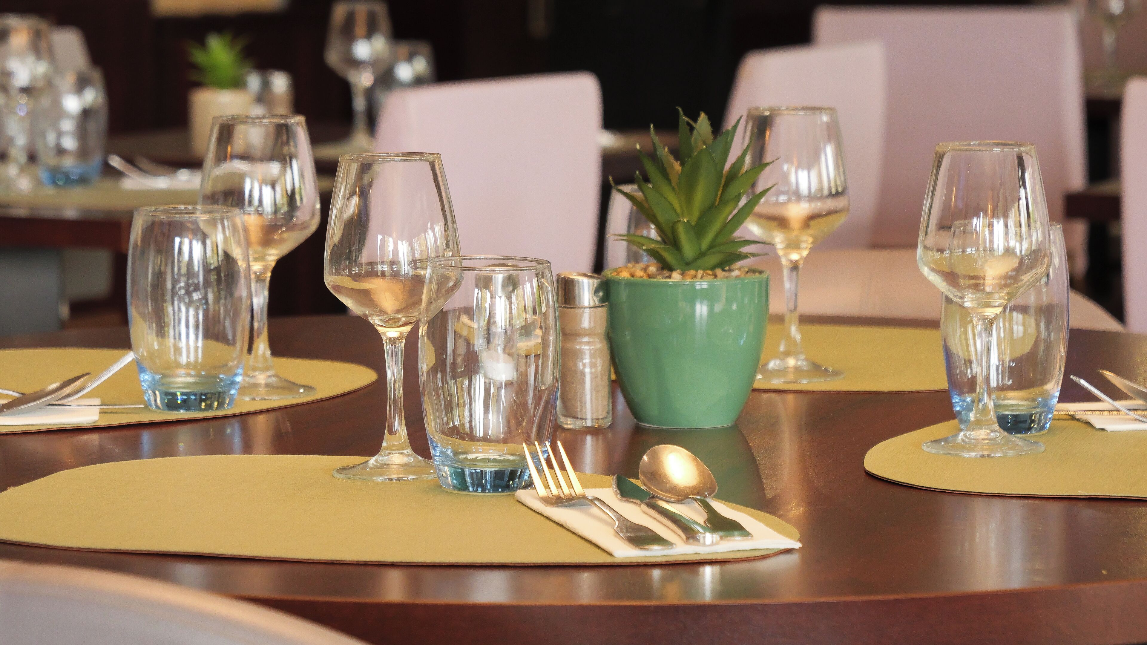 A dining table set with multiple wine glasses, a green plant, and silverware on gold placemats.