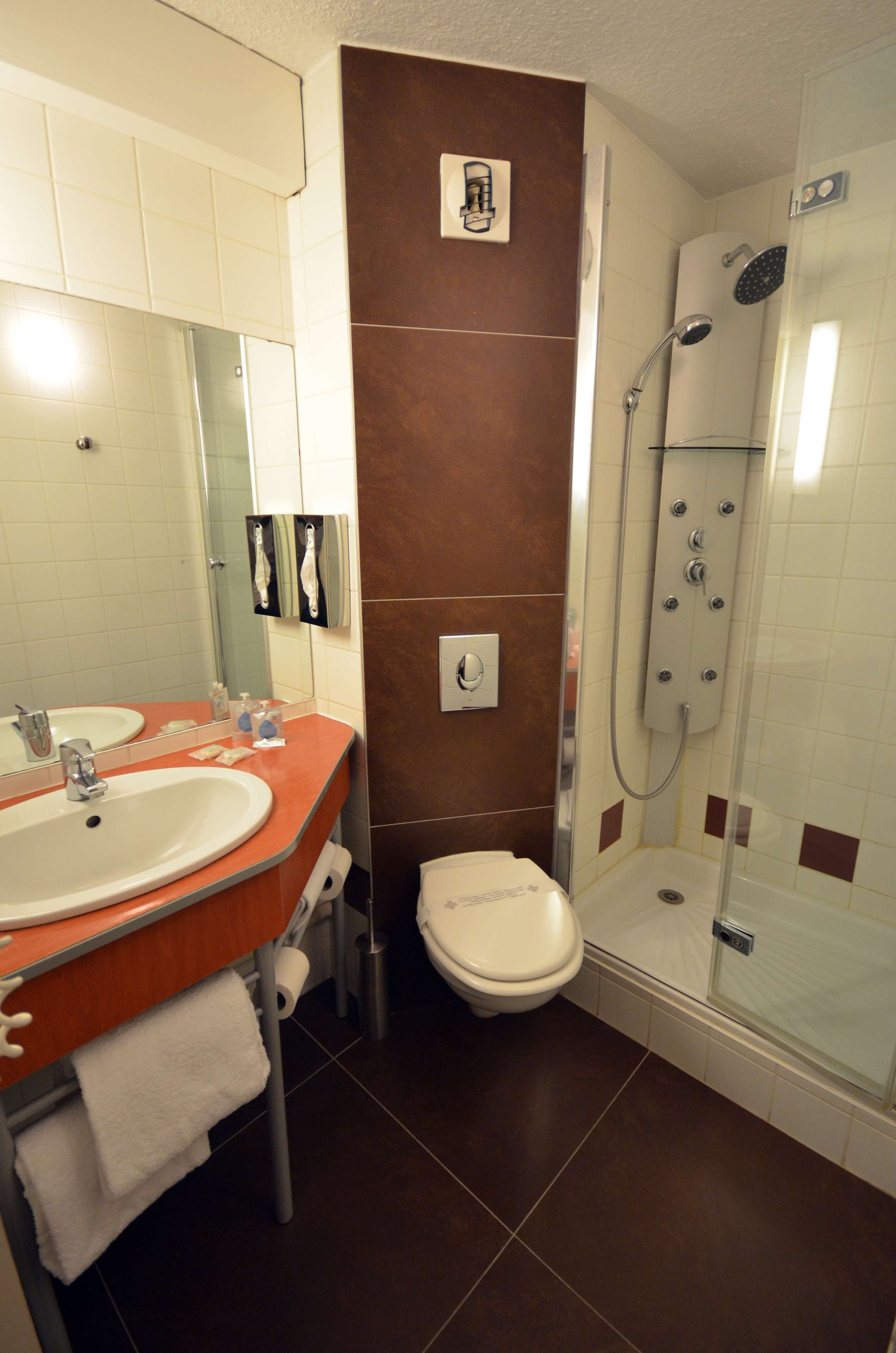 Un baño con lavabo, espejo, inodoro y ducha.