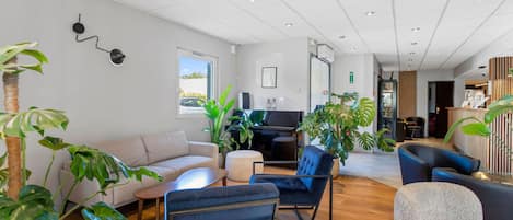 Un salón amplio con un sofá, sillones y un televisor. Se observan varias plantas en macetas y un piso de madera.