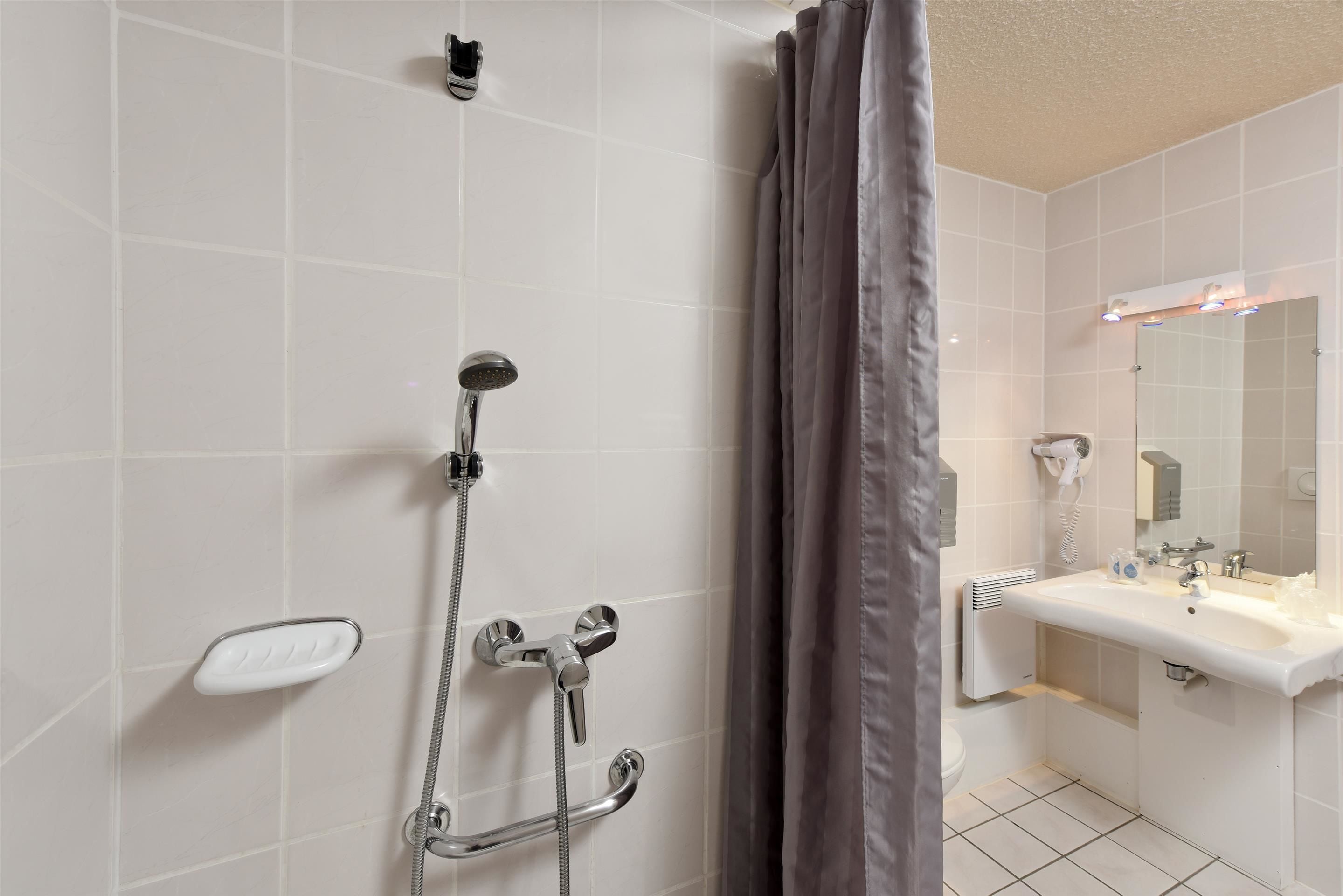 shower, eco-friendly toiletries, hair dryer, towels