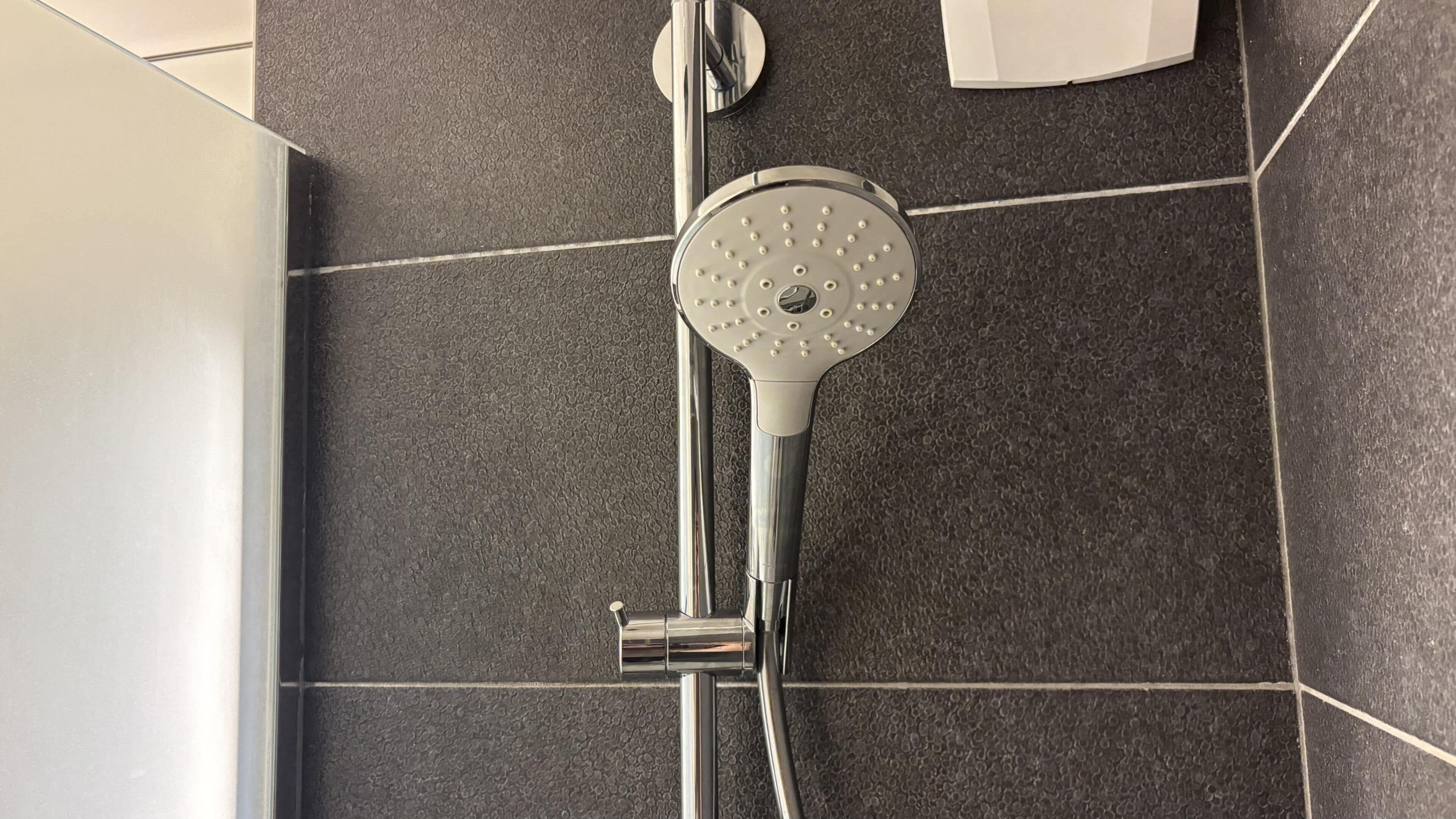 Een douche met een handdouche, een kraan van chroom en een betegelde vloer.